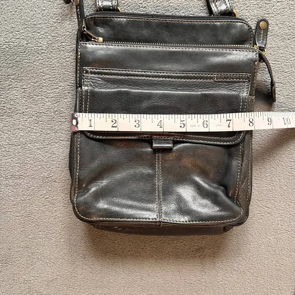 VTG Fossil Leather Shoulder Bag Black Unisex Minimalist Organizer Purse Retro